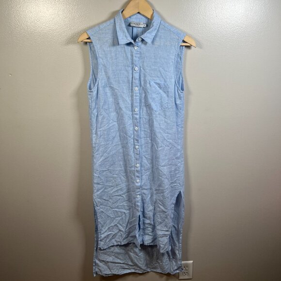 Harshman LA Linen Shirt Dress Size Small Blue Stripes Tunic High Low Minimal - Picture 1 of 9